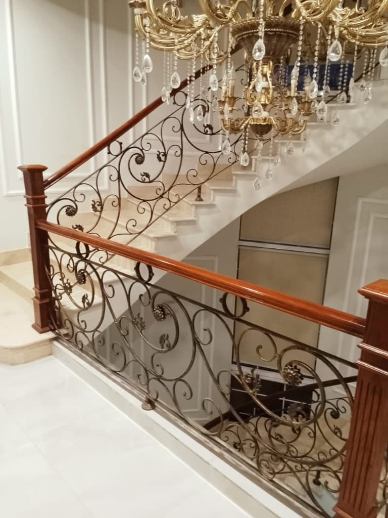 Ornate Hand-Forged Wrought Iron & Solid Mahogany Staircase Railing