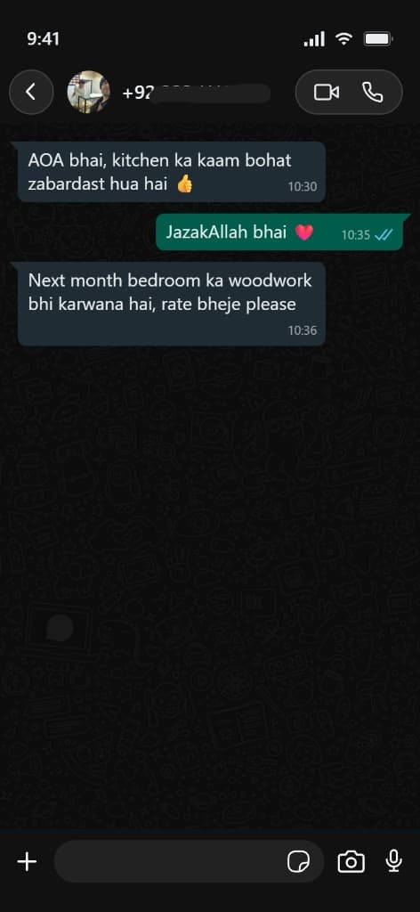 WhatsApp chat screenshot for kitchen woodwork and bedroom inquiries