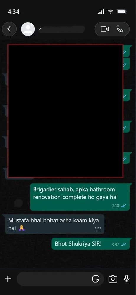 WhatsApp chat screenshot for bathroom renovation feedback from Brigadier sahab